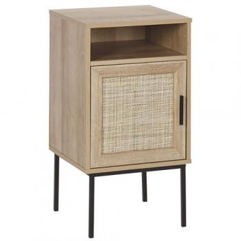 Nachttisch aus hellem Holz mit Rattanfront und Metallbeinen im Boho-Stil 77 x 40 cm