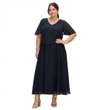 Abendkleid SHEEGO Große Größen Gr. 52, Normalgrößen, blau (tiefblau), Damen, Obermaterial: 100% Polyester;Futter: 100% Polyester;Einsatz: 100% Polyester;Netz: 100% Polyester, unifarben, Kleider Partykleid, im Lagenlook, mit Schmucksteinen