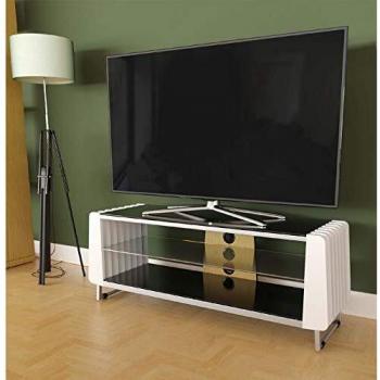 AVF 'GRV1250A' Options Groove TV Stand in White Wood Effect Finish with Clear Glass Shelf, Adjustable Height for TVs 37