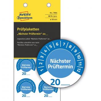 AVERY Zweckform Prüfplaketten 'Nächster Prüftermin' 2020 Vinyl 30mm 10 Stück, blau