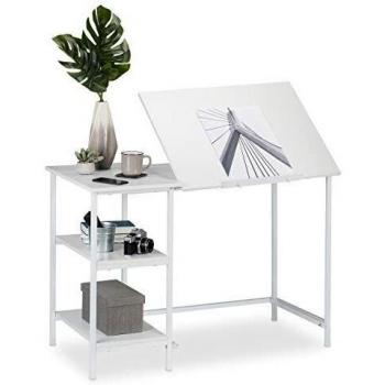 Relaxdays Schreibtisch neigbar mit 3 Ablage, Weiß / Weiß