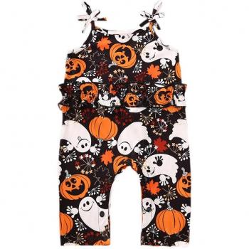 Tenue bébé fille Halloween YA88 – body citrouille fantôme imprimé fronde (sans manches / à manches longues)