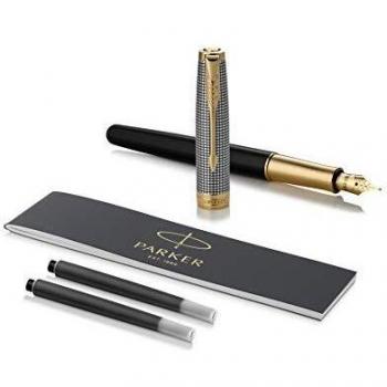 Parker Sonnet Chiselled Silver & Black-Schreibgerät (Federgröße F) mit goldbeschichteten Zierteilen in hochwertiger Geschenkverpackung