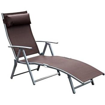 Chaise longue pliable bain de soleil dossier inclinable multi-positions têtière fournie 137L x 64l x 101H cm métal époxy textilène marron