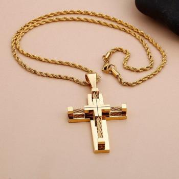 Collier de motard en acier inoxydable doré avec pendentif crucifix, 4mm 22 pouces