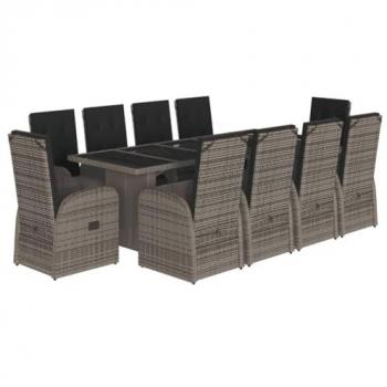 Set da Pranzo Giardino 11pz Polyrattan Grigio con Cuscini