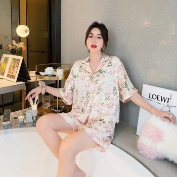 Zijde Daffodil Afdruk Pyjama Set voor Vrouwen met Korte Mouwen