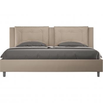 Lit design 180×200 cm, tête de lit en simili cuir beige, sommier, coussins matelassés, sans coffre