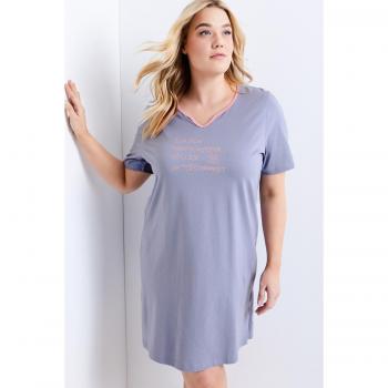 Camicia da notte blu oversize, scollo tondo, mezze maniche, Donna, Taglia: 52/54, Cotone