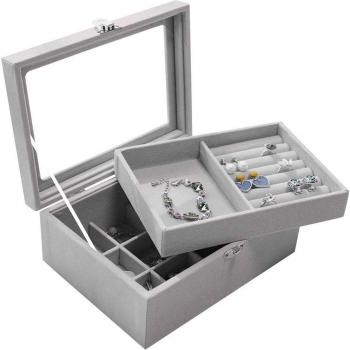 Caja gris para anillos y pendientes con cerradura
