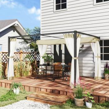 3x4m Khaki Outdoor Pergola with Removable Roof and Netting