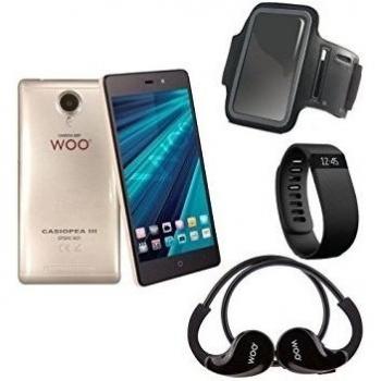 Teléfono móvil smartphone Woo Casiopea 3 dorado 5 + pulsera de actividad + brazalete impermeable + auriculares deportivos + pow