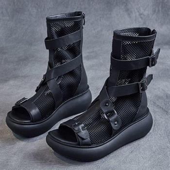 Sandales à plateforme noires pour femmes, en maille, talons compensés romains, 2022