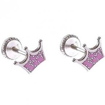 Pendientes de plata Ley 925m niña 6mm corona esmaltada rosa