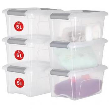 Scatole di archiviazione plastica 5L con coperchio, clip di bloccaggio, maniglia – set di 6