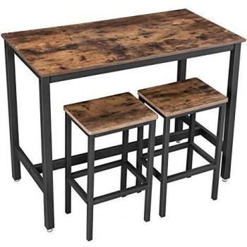 VASAGLE Table et Chaises de Bar en Style Industriel, 2 Tabourets Inclus, Meuble Complet pour Cuisine ou Salle à Manger, Marron Rustique & Noir LBT1