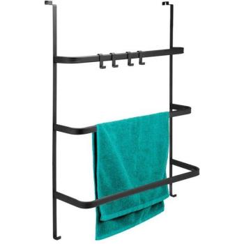 Rangement de porte en métal noir avec 3 barres porte-serviettes et 4 crochets