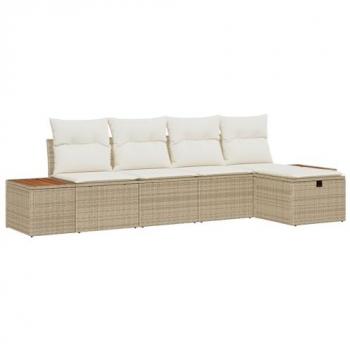 Conjunto de Sofás para el Jardín 5 Piezas, Beige, Ratán Sintético con Almohadilla