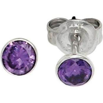 Ohrstecker Rund 925 Sterling Silber Rhodiniert 2 Zirkonia Lila Violett Ohrringe