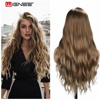 Perruque Wignee bleue avec raie au milieu, cheveux naturels