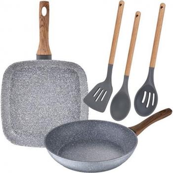 SAN IGNACIO Juego de sartén con asador grill de 26 cm y 28x28 cm en aluminio forjado y set de 3 utensilios de cocina