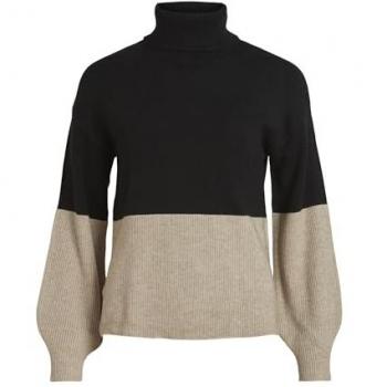 Vila VIRIL BLOCKING Rollkragenpullover in Schwarz/Naturmelange