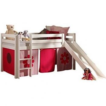 Lit mezzanine enfant PINO avec toboggan et ensemble textile Fleur Rose, en pin massif blanc laqué