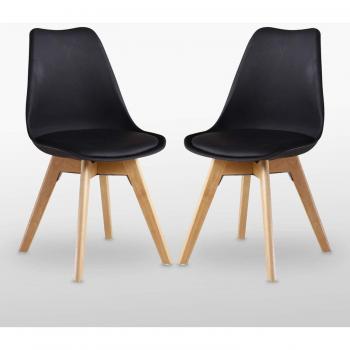 Life Interiors Scandinavian Dining Chair Pair – Leather Cushion, Solid Wood Legs, Black