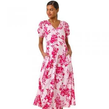 Roman Pink Floral Button-Through Shirred Midi Dress, Size 20