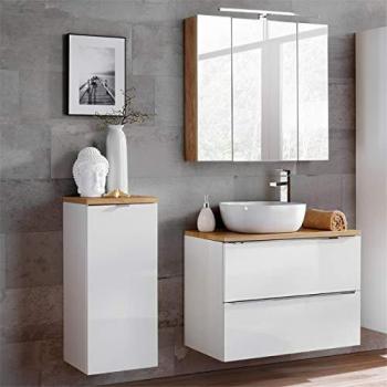 Badezimmermöbel Set TOSKANA-56, LED-Spiegelschrank weiß Hochglanz & Wotaneiche 135/190/46cm