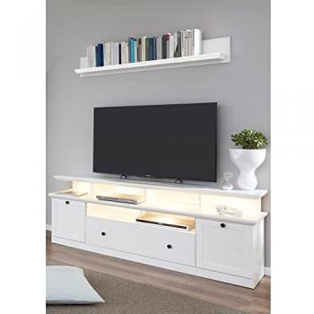 TV Möbel Kombination BERGAMA-19, weiß Landhausstil mit Wandregal und Beleuchtung