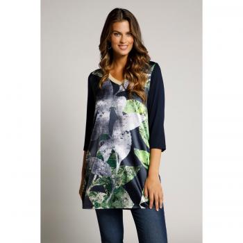 Tunica in viscosa/poliestere con foglie, scollo a V, maniche 3/4, donna, blu, taglia 56/58