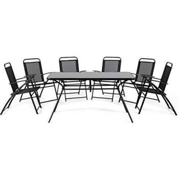 Set da Pranzo Esterno 7 Pezzi Tavolo Nero e 6 Sedie Pieghevoli Design Moderno