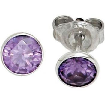 Ohrstecker Rund 925 Sterling Silber Rhodiniert 2 Zirkonia Lila Violett Ohrringe