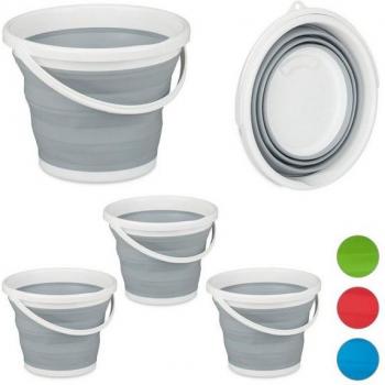 Relaxdays 4‑Piece Foldable Bucket Collection – 10 L Mopping Bin, Grey, Ideal for Cars, Camping & Festivals