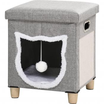 PawHut Tierhaus Katzenhaus mit Kissen, Katzenbett mit Kratzmatte, Polyester, Grau, 35.5B x 35.5B x 42.5H cm