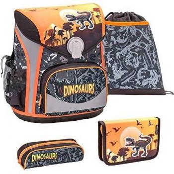 Belmil Schulranzen Set 4-teilig für Jungen mit Dinosaurier Dino Motiv, Gelb, 1-4 Klasse