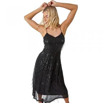 Dusk Women's Sleeveless V-Neck Sequin Tassel Midi Dress
