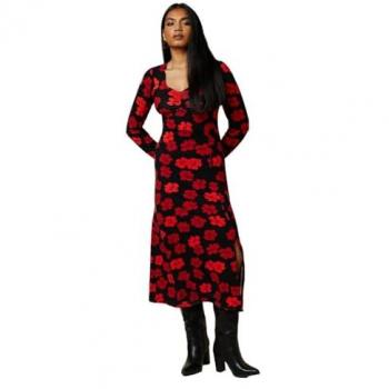 Petite Red Floral Long Sleeve Midi Dress with Ruched Front