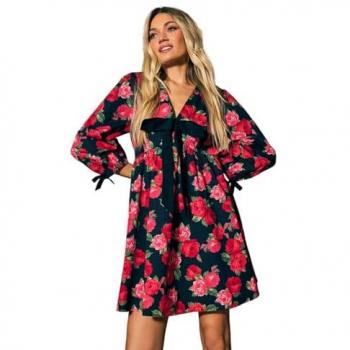 Rose Blossom Mini Dress in Poplin, Contrasting Bow Design