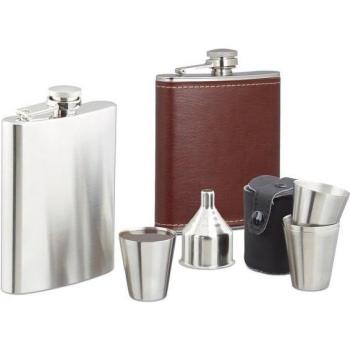 Collection 8 pièces – Flacon plat en acier inoxydable, accessoires cuirs synthétiques – 200 ml – Argenté