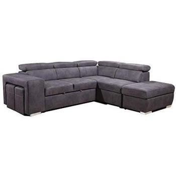 Meubletmoi Canapé d'angle Droit Convertible Gris – Suédine Toucher Doux, 1 Pouf Rangement, 2 Poufs mobiles, Vegas