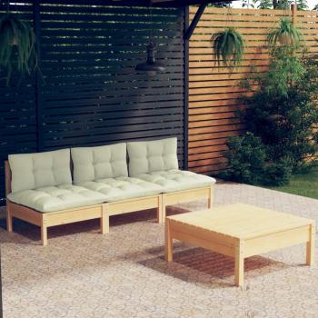 VidaXL Pinewood 4-Seat Garden & Patio Lounge Collection with Cream Pillows