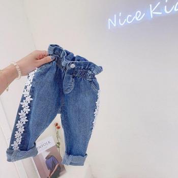 Autumn Floral Lace Denim Jeans for Girls