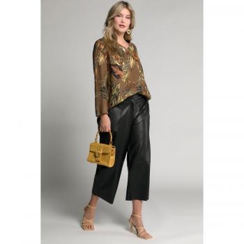Women's Plus Size Brown Linen V-Neck Long Sleeve Shirt with Leaf Print, Size 20/22