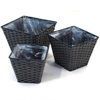 Franz Müller 3 Polyrattan Übertöpfe, quadratisch, grau, 16/19/22 cm