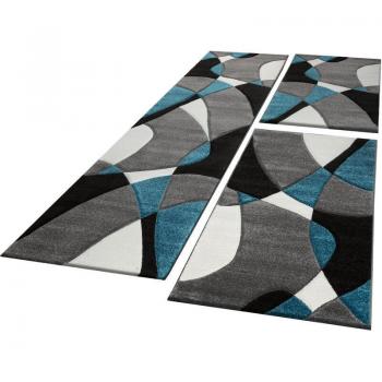 Paco Home Passatoia Tappeti 3 Pezzi: Pelo Corto, Geometrico, Turchese-Grigio