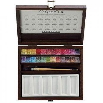Sennelier 24 Luxury Half Pan Artist Watercolour Mahogany Wooden Box Set