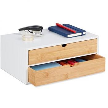 Portaoggetti Salvaspazio da Scrivania, Bambù e MDF, 2 Cassetti, 14x33x21 cm, Bianco/Naturale
