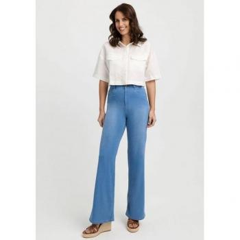 Schlagjeans WONDERJEANS Damen Gr. 38 Länge 32, Sea Blau Denim/Jeans Obermaterial: 58% Baumwolle, 21% Polyester, 19% Viskose, 2% Elasthan, unifarben, casual, bootcut fit lang, Flared mit Stretch